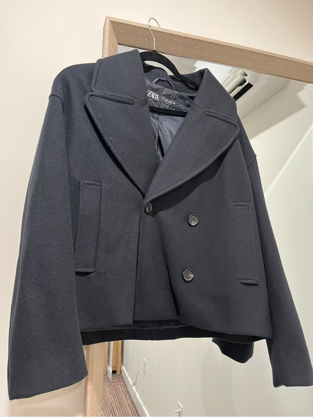 Zara Black Double-Breasted Cropped Pea Coat size S